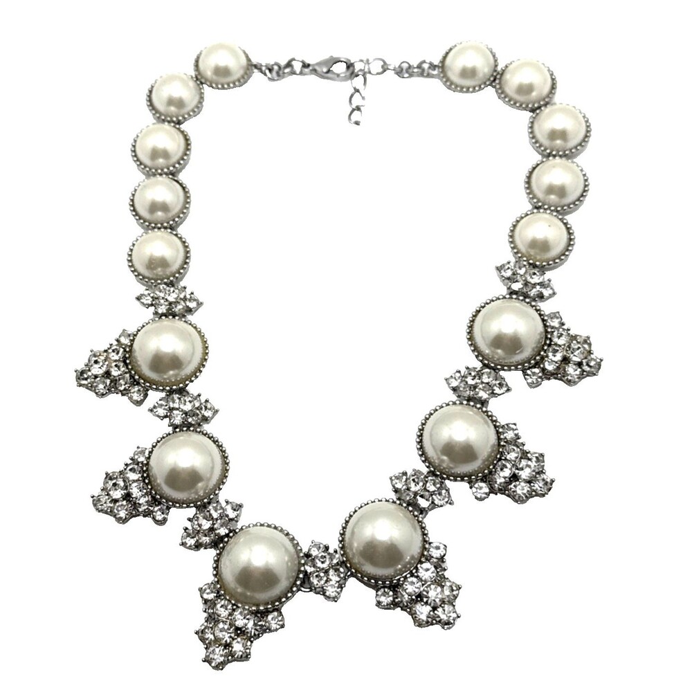 CHARTER CLUB Faux Pearl Rhinestone Choker Necklace Silver Tone Collar 16" - 18" - Picture 2 of 9
